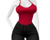 black jeans and red top